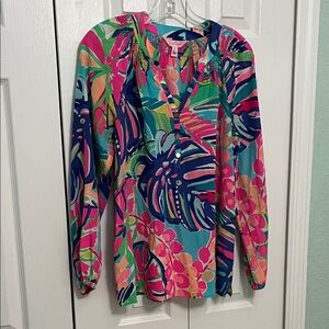Lilly Pulitzer Tropical Print Blouse - Pink, Blue, Green silk small